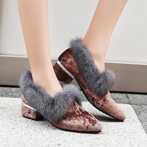 Womens Pointy Toe Velvet Leather Real Rabbit Fur Mules Loafers Block Heel Warm Winter Snow Shoes Furry 3Colors Plus Size 34-48