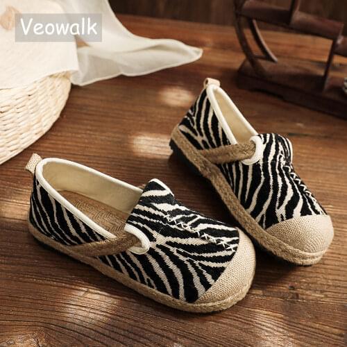 Veowalk Handmade Women Leopard Linen Cotton Slip-on Shoes Ladies Casual Canvas Flat Espadrilles Breathable Comfortable Loafers