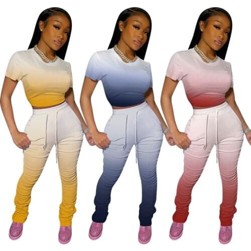 Womens Two Piece Set Gradient Crop Top +Stacked Trousers Leggings Pants Summer Tracksuits Casual Matching set Plus Size S-XXL