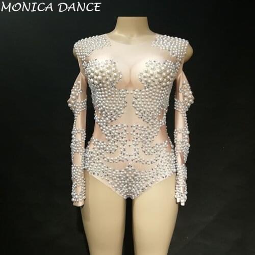 Women Sexy Stage White Sparkle Pearls Jumpsuit Nightclub Wedding Birthday Party Stage Wear Dancer Bling Dance Costumes Bodysuit