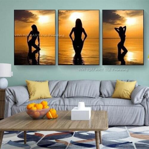 100% Hand Painted Modern Abstract Canvas Art Oil Painting Pictures on the Wall 3 Panel Sunset Beach Sexy Nude Girl
