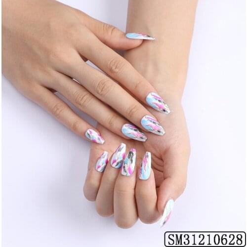 24pcs White False Nails Color Blooming Nail Art Glue Type Removable Long Paragraph Fashion Manicure Fully Covered Nail Decor