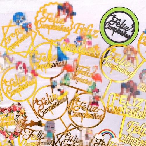 INS Spanish Feliz Cumpleanos Acrylic Cake Topper Cartoon Animal Birthday Cake Toppers for Kids Birthday Party Cake Decorations