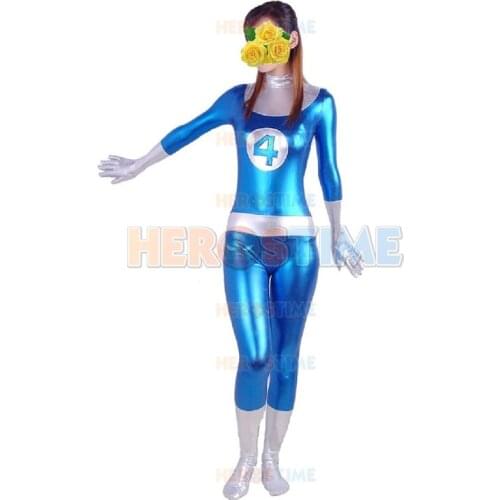 Free Shipping Fantastic Four Costume Blue Silver Shiny Metallic Invisible Woman Superhero Zentai Catsuit Halloween Costume