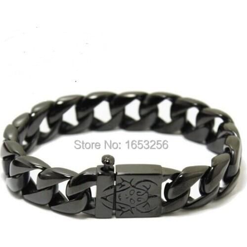 Pure Black High Quality Jewelry Mens Bangle Cool Clasp Cuban Curb Chain 316L Stainless Steel bracelet New 15mm x 8.66