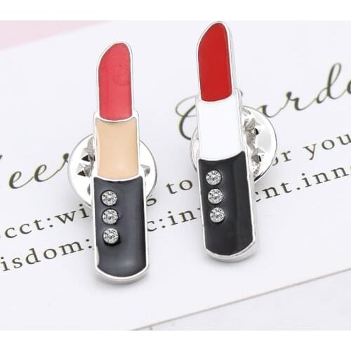 Enamel Lipstick pins and brooches cartoon cosmetic lapel pins crystal badge red brooch Makeup artist pin gift lady girl backpack