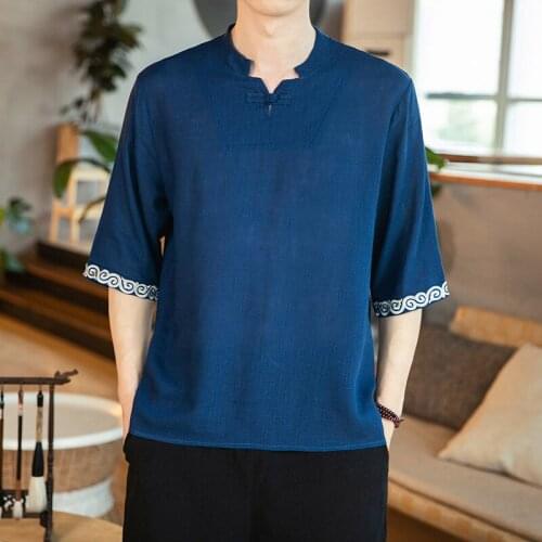 Chinese Style TShirt Men Casual Short Sleeve Linen Cotton Loose Blouse Traditional Kung Fu Outfit Wu Tang Clan Tee Tops CN-152