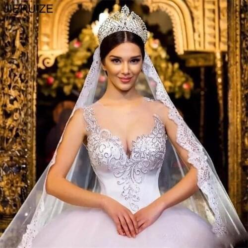 JIERUIZE Ball Gown Wedding Dresses Sheer Jewel Neck With Appliques Vintage Princess Bridal Gowns Lace Up Back vestido de noiva