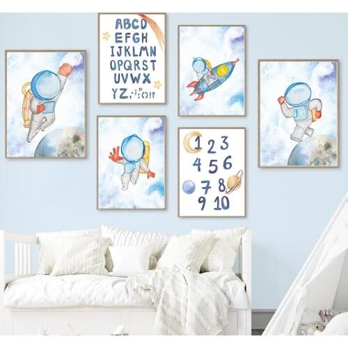 Cartoon Wall Art Canvas Painting Astronaut Rocket Space Alphabet Nursery Nordic Posters And Prints Decor Pictures Kids Bedroom