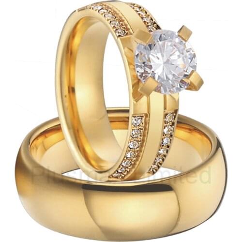 Custom Top Quality classic Alliances cubic zirconia titanium finger engagement couple wedding rings set for men and women