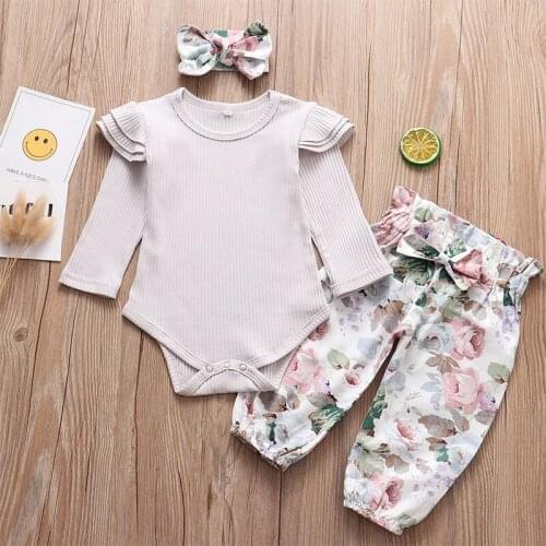 Newborn Baby Girl Autumn Clothes Set Fashion Ruffle Romper For Girls Outfit Flower Pants Headband New Born Infant Clothing Sets