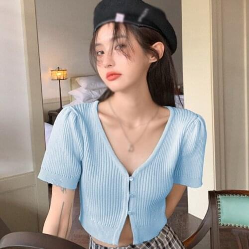 Women Short Thin Knitted Cardigan Korean Style V-neck Short Knitted Sweaters Thin Cardigan Short Sleeve Crop Topss Tees