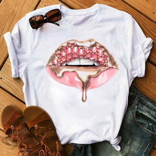 Fashion Makeup Pink Lips In Diamonds Drip Graphic Tee Shirt New Women T Shirt Short Sleeve Tops Casual Cute Female Tee Shirts