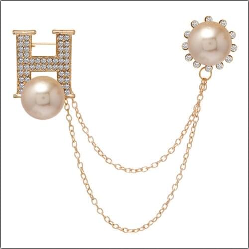 Fashion English Letter H Pearl Brooches Rhinestone Tassel Chain Brooch Pins Suit Shirt Badge for Women Men Jewelry Accessories