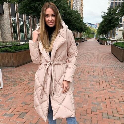 Fashion Tie Belt Waist Coats Women Solid Long Argyle Parkas Ladies Elegant Zipper Hooded Loose Cotton Jackets Female JD1639