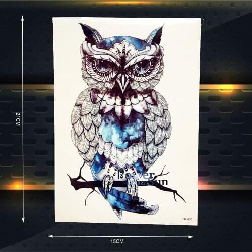 Fashion Owl Pattern Waterproof Temporeary Tattoo Women Body Art Arm Tattoo Sleeve 21x15CM Blue Gem Fake Tatoo Sticker Men Makeup