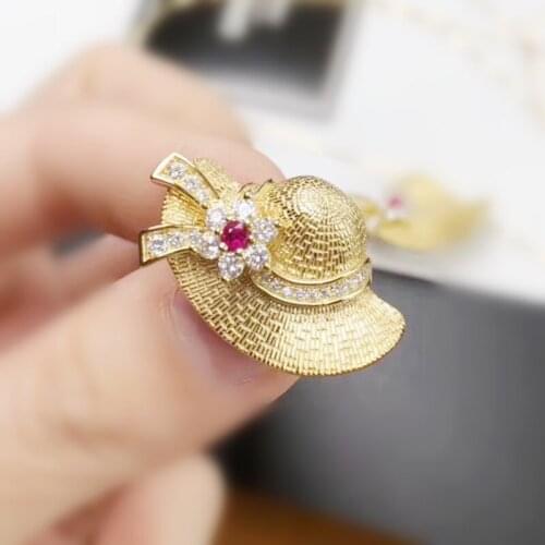 Natural real ruby hat style brooch pins 3*3mm 0.15ct gemstone Free shipping 925 sterling silver Per jewelry T2131711