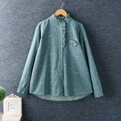 New Spring Women Shirt Japan Style Mori Girl Literary Fresh Lace Turndown Collar Long-sleeved Cotton linen Tops