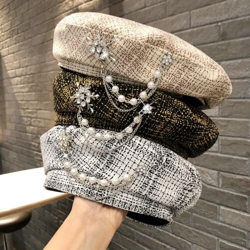 2020 New Luxury Diamond Decoration Beret Hat Diamond Decoration Dance Party Ladies Hat Plaid Painter Octagonal Hats