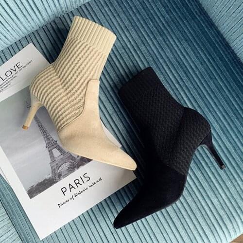 Europe and the United States in Autumn and Winter Explosion Suede Knitted Thin Heeled Boots Still Pointed Hight-Top Boots