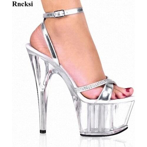 Rncksi New Transparent Crystal Noble Rhinestone Princess Formal Dress 15cm High-Heeled Shoes 6 Inch Silver Sexy Womens Sandals