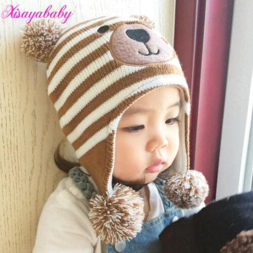 Knitted Baby Hat with Ears Cartoon Bear Animal Hats for Kids Solid Christmas Baby Girl Winter hat Thick Warm Toddler Hat Beanies