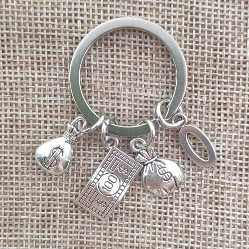 A-Z Letters Handmade Retro Silver Plated Dollar Purse Wealth Fortune Money Style Keychain Key Ring Keepsake Gift