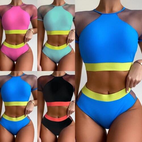 2021 New Women Patchwork Splicing Mesh Short Sleeve High Waist Bikini Female Swimsuit Two Piece Bikini Set Swimwear