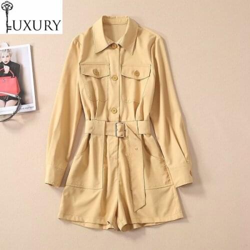 2020 High Quality Shorts Summer Women Turn-down Collar Chest Pocket Deco Long Sleeve Casual Jumpsuit Ladies Playsuit