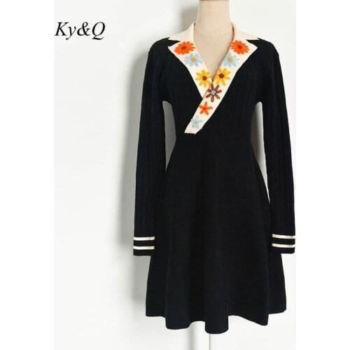 High Quality 2020 Korean Deaign Casual Elegant High Waist Flower V-neck Long-sleeved Knitted Mini Dress Women Party Clothes