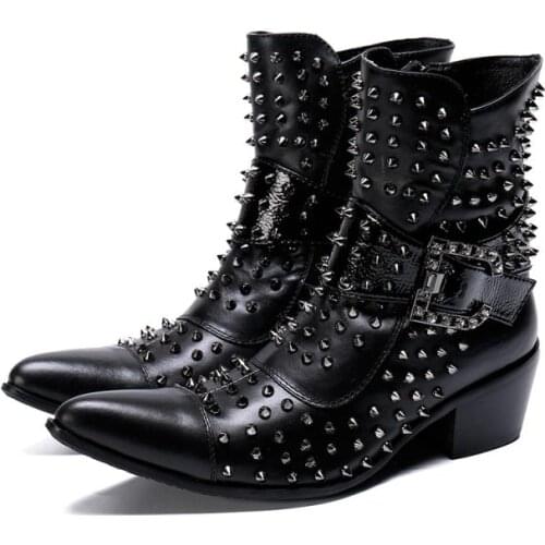 2019 Men Pointed Toe Ankle Boots Fashion Rivets Metal Boot Black Stage Party Boot