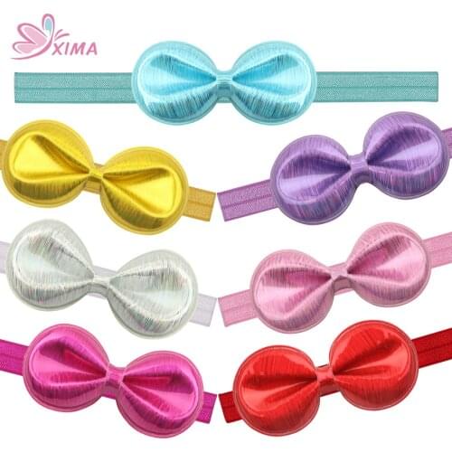 XIMA 7pcs/lot 4inch Girls PU Leather Hair Bows Elastic Hair Band Girls Cotton Bows Headband for Party Hair Accessories
