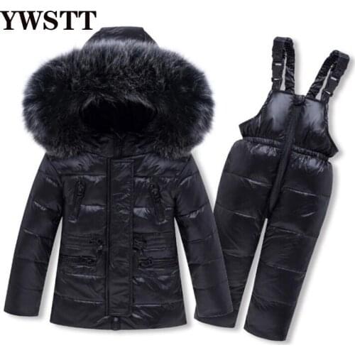 Girls White Duck Down Snow Coats -30 Degree Russian Winter Baby Boy Overalls Childrens Fur Collar Ski Suit For kids Warm Jacket