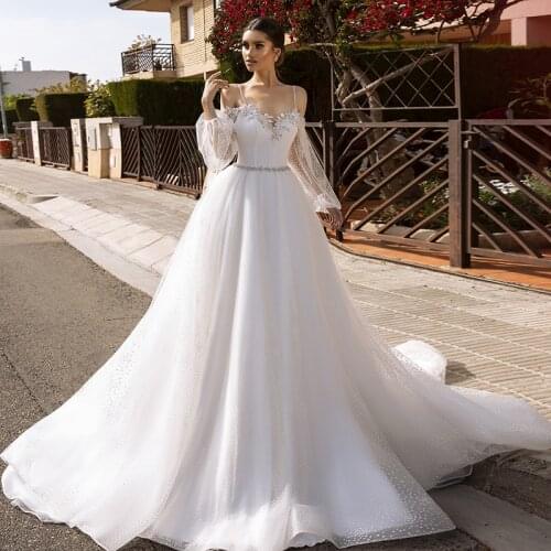 Bohemian Wedding Dress A-Line Spaghetti Straps Lantern Sleeves Applique Polka Dot Tulle Floor Length Train Bride Gown 2021