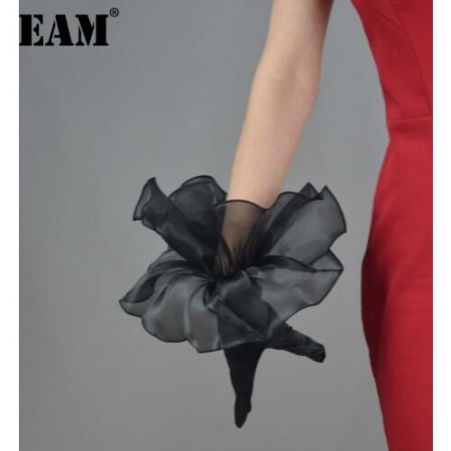 [EAM] Women Satin Black Orangza Spliced Ruffles Gloves NewPersonality Fashion Tide All-match Spring Autumn 2021 1DD7316