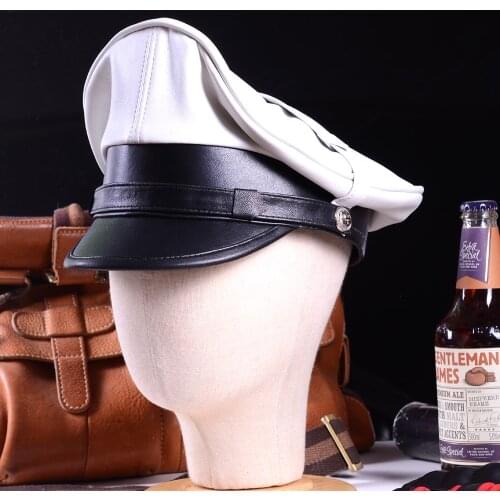 Mens and womens Real Leather German Military Heavy Machine Knight Hat Service Cap Punk Motorcycle Retro Army Hats/Caps