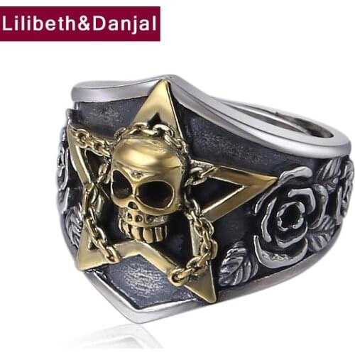 2019 Custom Adjustable Ring 100% 925 Sterling Silver jewelry men women Punk Skull Rose flower Pentagram Ring accessories R122