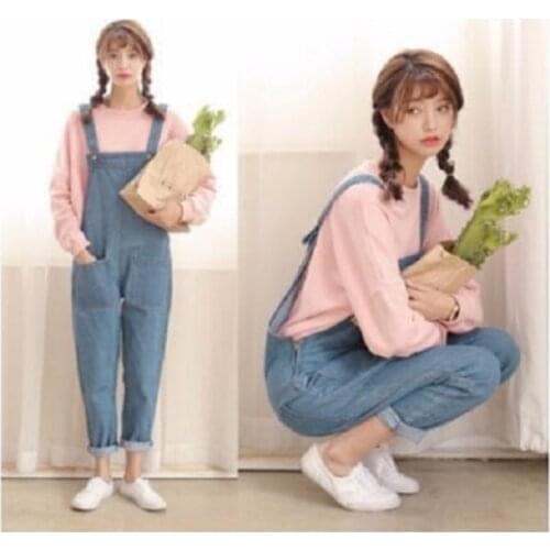 Bib spring and autumn female loose 2020 new tide Korean students bf Harajuku Harlan denim bib pants nine points pants