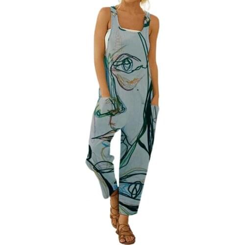 Jumpsuit Abstract Face Print Loose Playsuit Women Sleeveless Casual Romper for Shopping Women Abstract Face Print Loose Romper