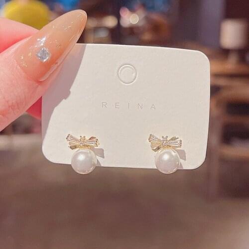 Korean Delicate Simplicity Shiny Zircon Stud Earrings for Women Pearl Bowknot Earrings Female Trendy Ear Studs Romantic Jewelry