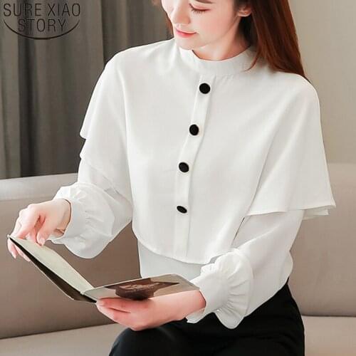 Fashion Womens Tops and Blouses White Long Sleeve Shirts Women Autumn Chiffon Blouses Office Lady Solid Pullover Blusas 10513