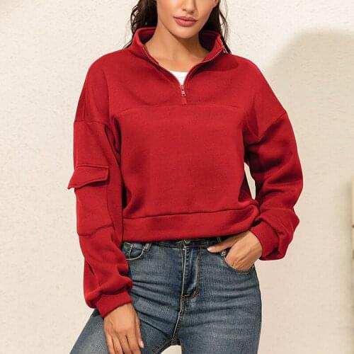 New Pullover Fashion Womens Casual Solid Sweatshirt Long Sleeve Crop Short Tops Zipper Crop Top Sweatshirts