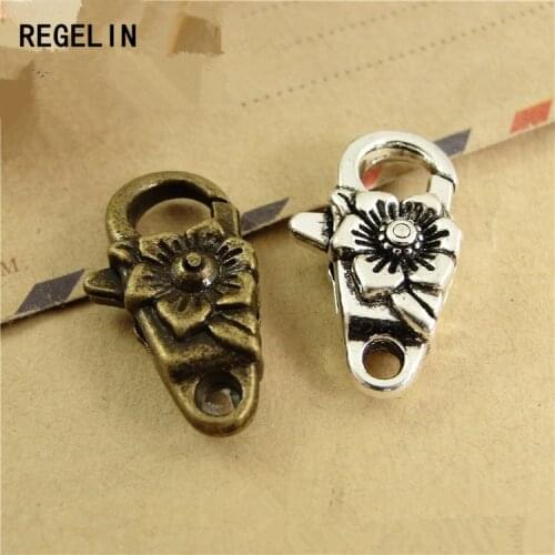 REGELIN Antique Silver Flower Lobster Clasp Hooks For Necklace Bracelet Chain 10pcs/lot 24*13*8MMDIY Jewelry Accessory Findings