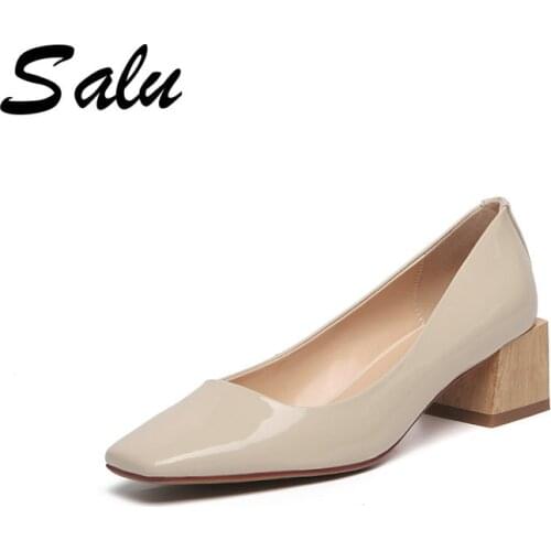 Salu Women Pumps Slip-on Spring Summer Square Toe Fashion Genuine Cow Leather Wedding Party Med Heeled Pumps Shoes Woman