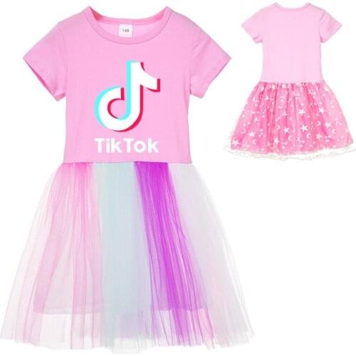 TIK TOK Girls Print Dress Girls Cartoon Princess Dress Kids Short Sleeve Costumes Children Patchwork Dresses