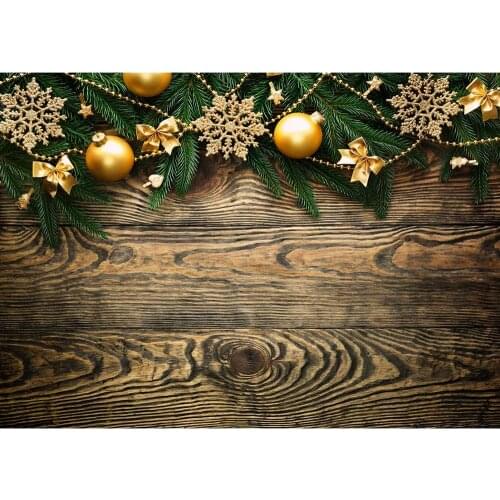 Golden Christmas Balls Snowflake Pine Wooden Board Photography Backdrop Vinyl Studio Background for Children Baby Toy Photobooth