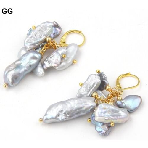 GuaiGuai Jewelry Natural Grey Keshi Biwa Pearl Earrings 925 Silver Gold Color Plated Hook Leverback For Women