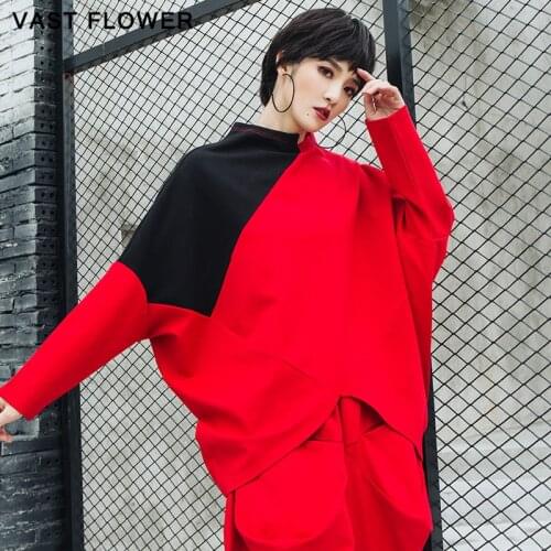 Women Irregular Contrast Color T-Shirt Stand Collar Long Sleeve Loose Casual Tee Tshirt Fashion Clothes Spring Autumn 2021