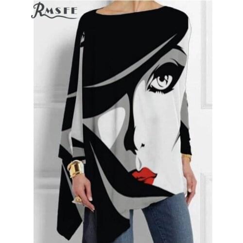 RMSFE 2021 Womens Long Sleeve Round Neck Abstract Figure Print Irregular Bottomed Shirt Trendy T-Shirt
