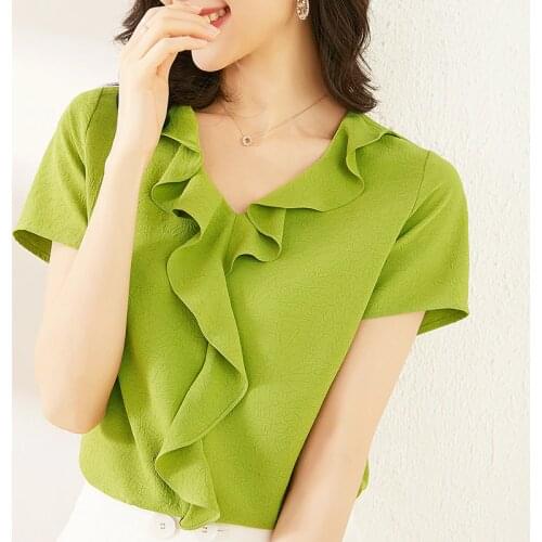 Solid Ruffled Chiffon Blouses Female Short-sleeved Shirts 2021 Summer Tops Wild Loose V-neck Shirt Women Blouse Ladies Clothes